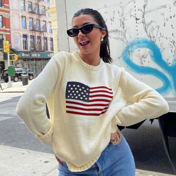 Women’s Knitted Sweatshirt – Relaxed Fit – Ribbed Trim – Flag Graphic Print
