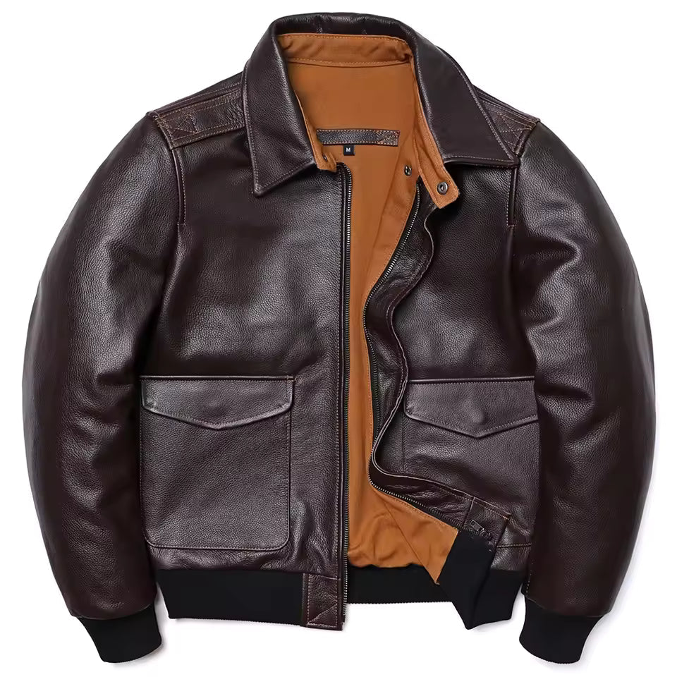 Men’s Leather Jacket – Classic Fit – Zip Front – Flap Pockets – Ribbed Cuffs