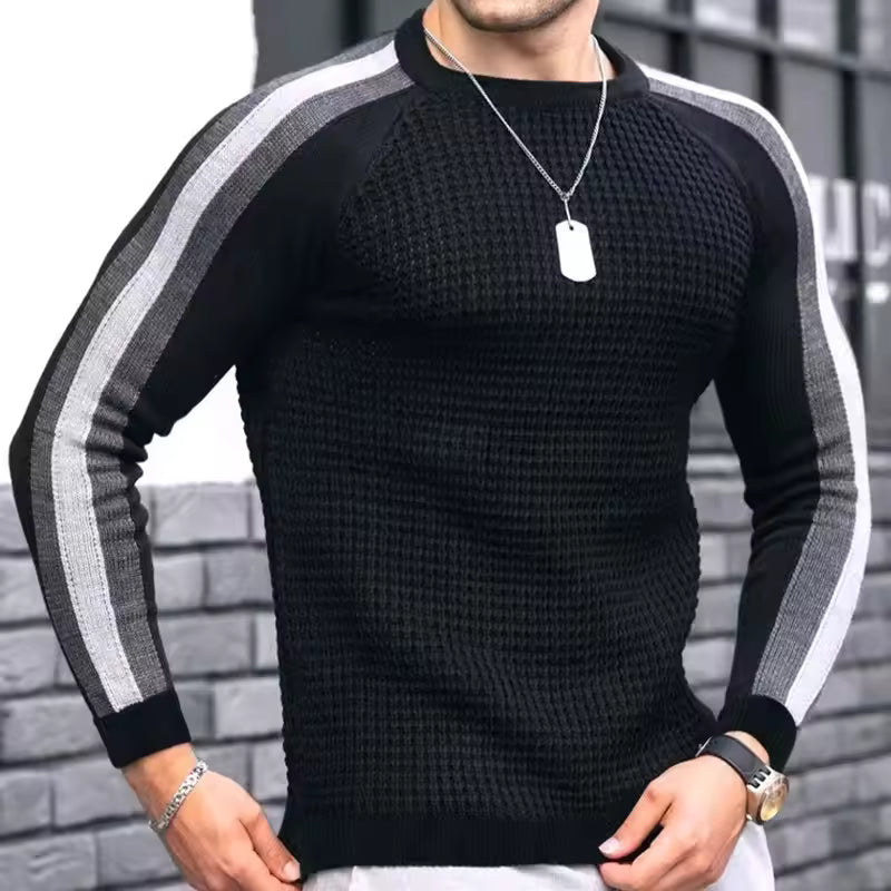 Men’s Knitted Sweater – Slim Fit – Wool Blend – Textured Knit – Striped Sleeves