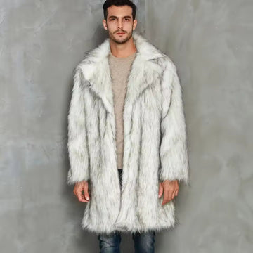 Men’s Long Coat – Faux Fur – Oversized Fit – Notch Lapel – Open Front Statement Piece
