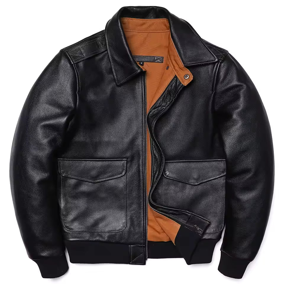 Men’s Leather Jacket – Classic Fit – Zip Front – Flap Pockets – Ribbed Cuffs