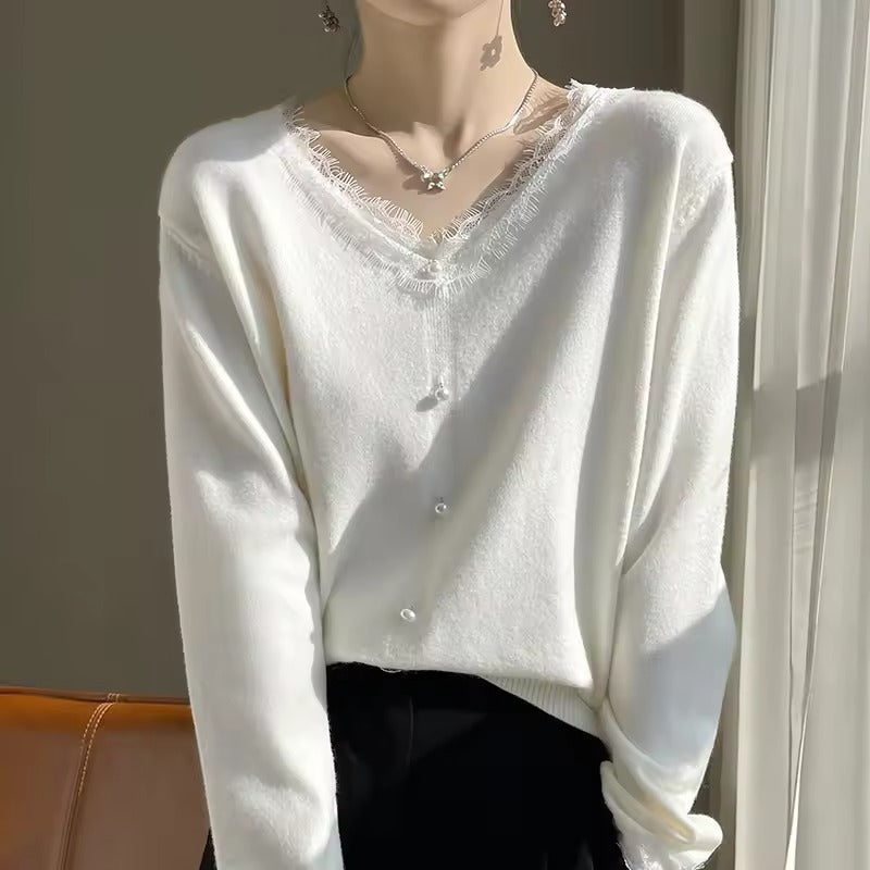 Women’s Knitted Sweater – Wool Blend – Relaxed Fit – Lace V-Neck – Button Detail