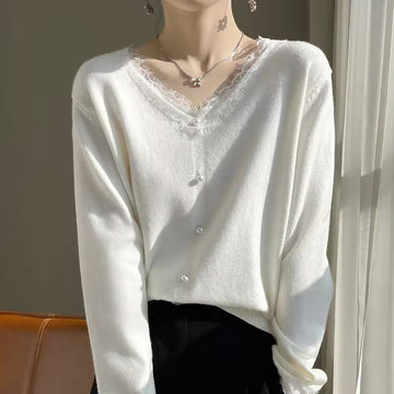 Women’s Knitted Sweater – Wool Blend – Relaxed Fit – Lace V-Neck – Button Detail