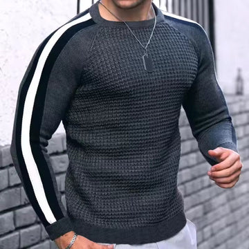 Men’s Knitted Sweater – Slim Fit – Wool Blend – Textured Knit – Striped Sleeves