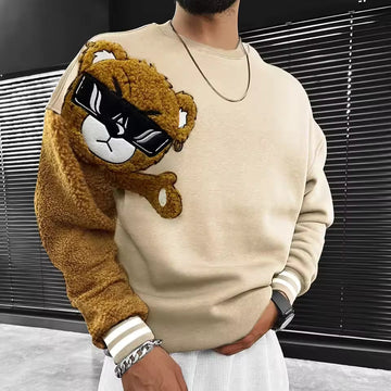 Men’s Sweatshirt – Relaxed Fit – Cotton Feel – Embroidered Bear – Textured Sleeve