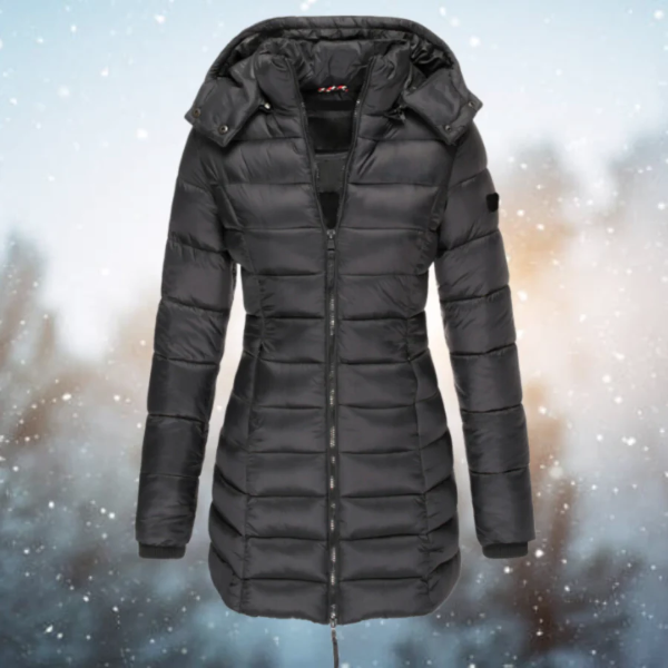 Women’s Long Puffer Jacket – Slim Fit – Quilted – Water-Resistant – Detachable Hood