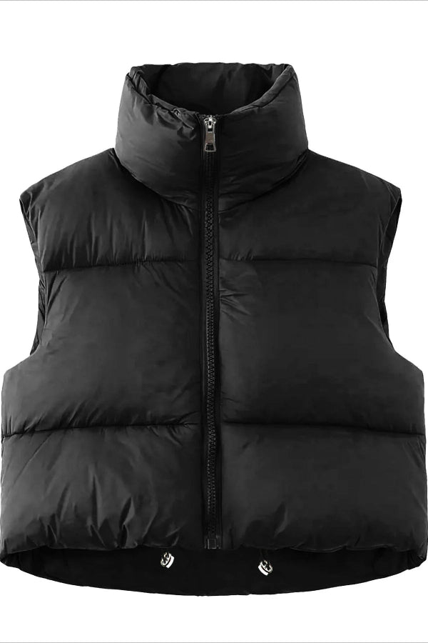 Women’s Puffer Vest – Oversized Fit – Quilted Fabric – High Collar – Cropped Style