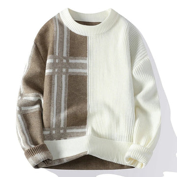 Men’s Crew Neck Sweater – Relaxed Fit – Patchwork Knit – Ribbed Cuffs – Full Sleeve