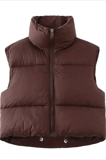 Women’s Puffer Vest – Oversized Fit – Quilted Fabric – High Collar – Cropped Style