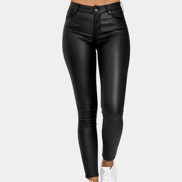 Women’s Slim Fit Trousers – Leather-Look Finish – Full Length – Five Pocket Style