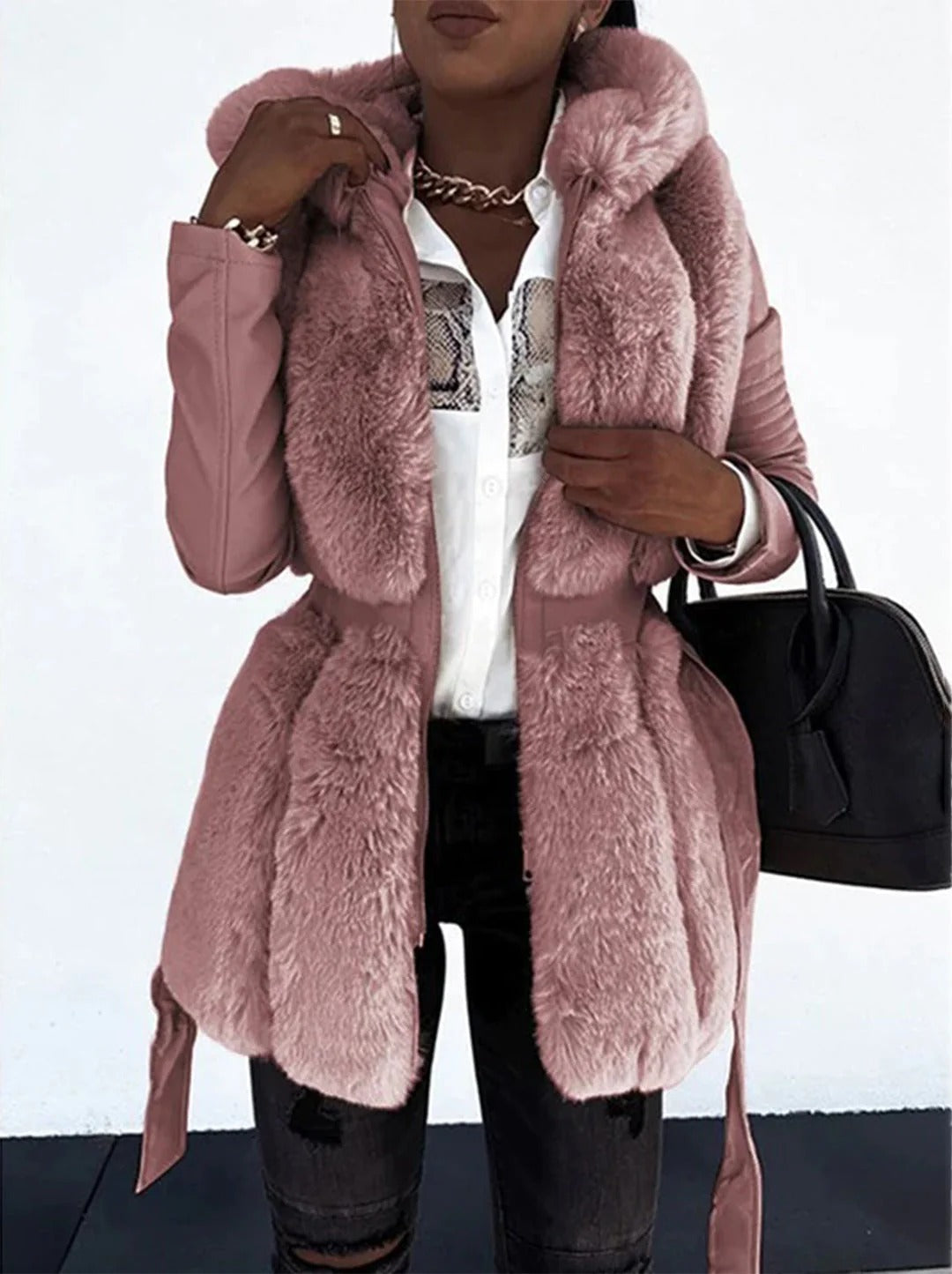 Women’s Faux Leather Jacket – Tailored Fit – Faux Fur Collar – Belted Mid-Thigh Length