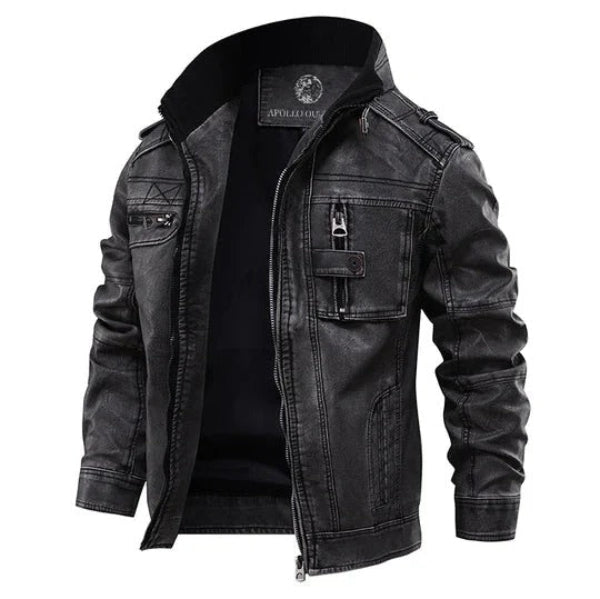 Men’s Leather Jacket – Tailored Fit – Stand Collar – Zipper Front – Chest Zip Pocket