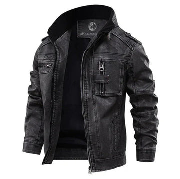 Men’s Leather Jacket – Tailored Fit – Stand Collar – Zipper Front – Chest Zip Pocket