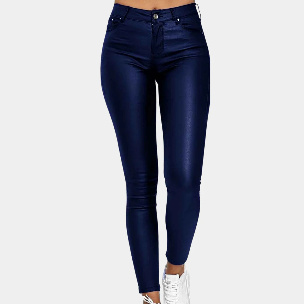 Women’s Slim Fit Trousers – Leather-Look Finish – Full Length – Five Pocket Style