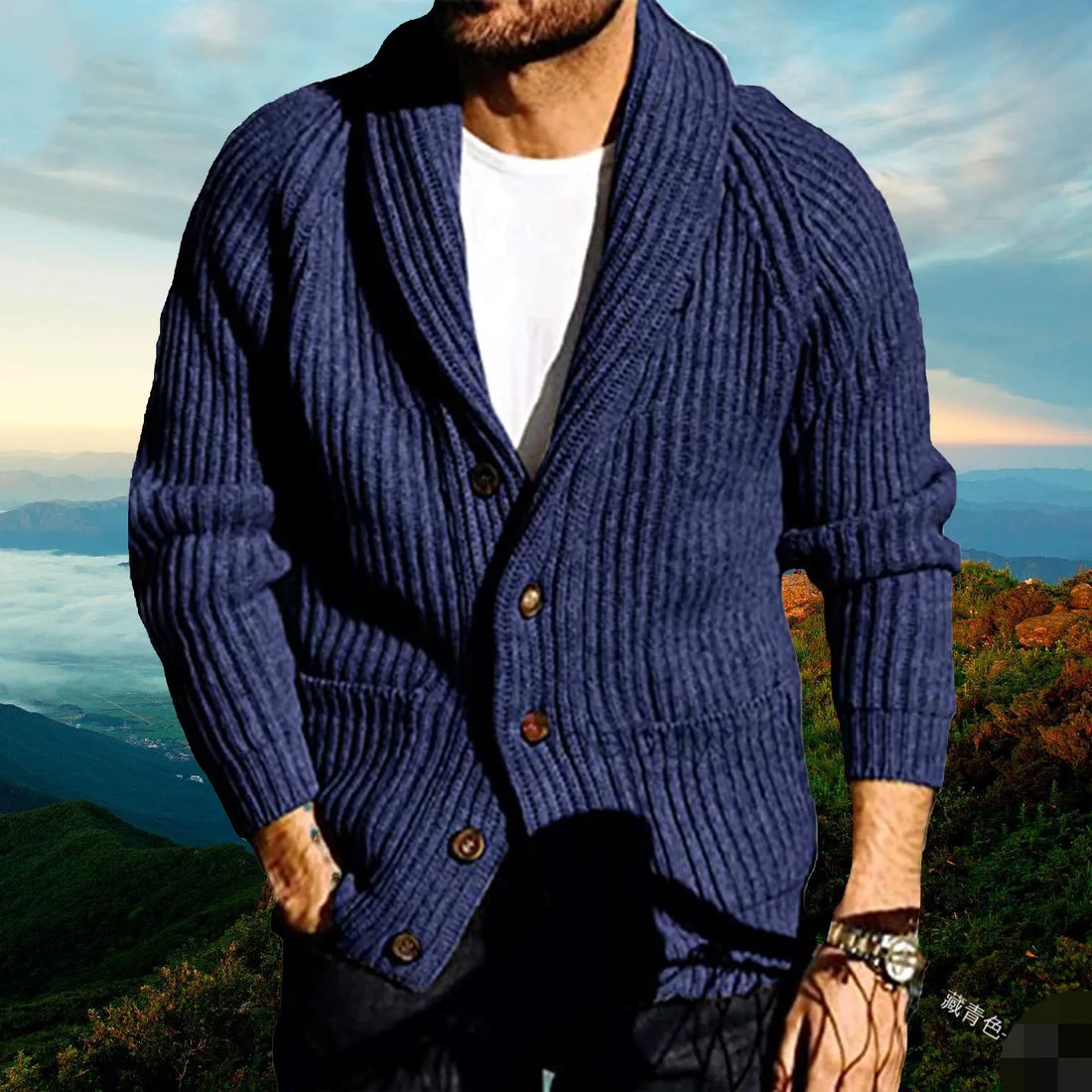 Men’s Knitted Cardigan – Slim Fit – Ribbed Texture – Shawl Collar – Patch Pockets