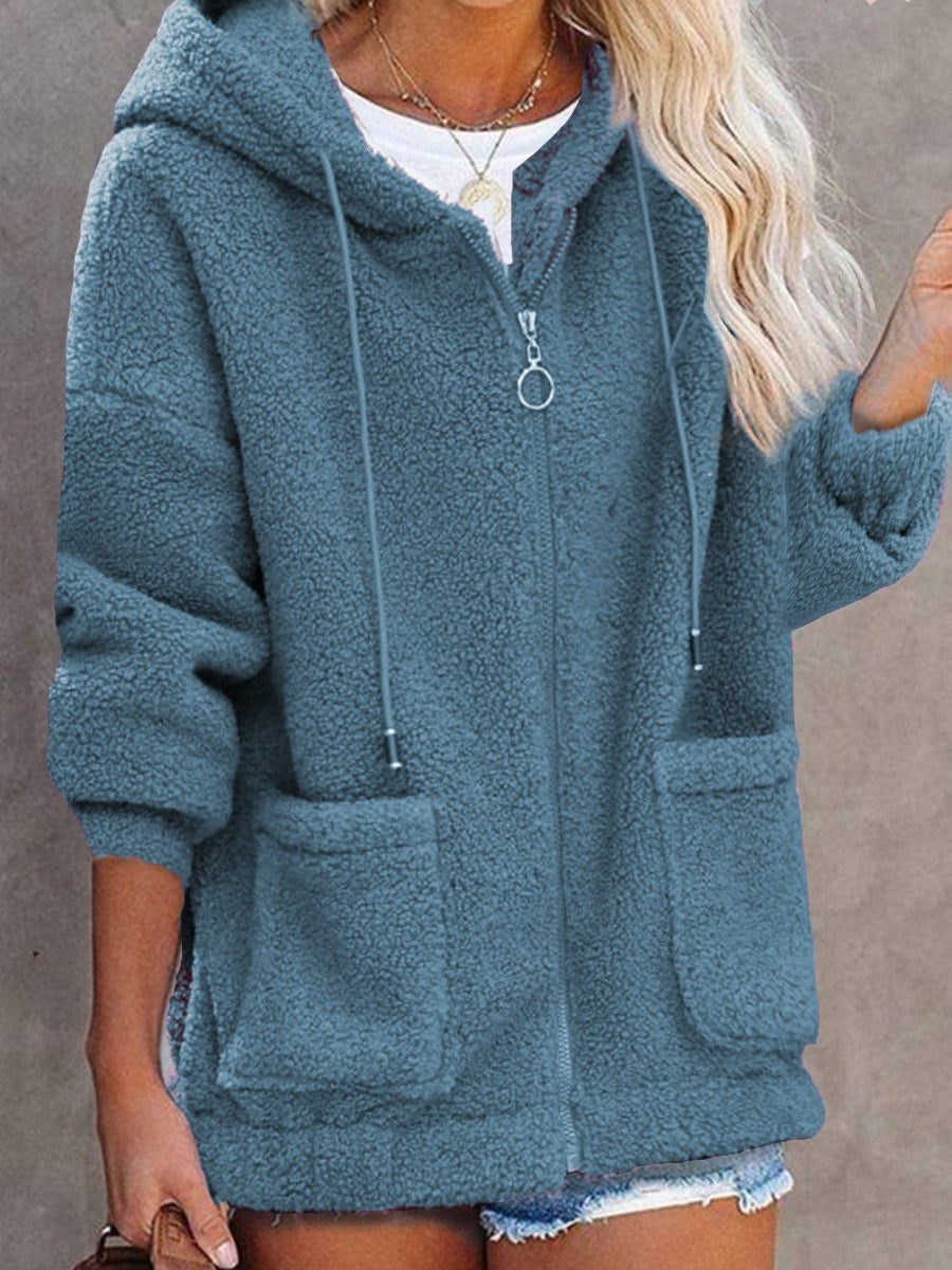 Women’s Hooded Jacket – Sherpa Feel – Oversized Fit – Zip Front – Patch Pockets