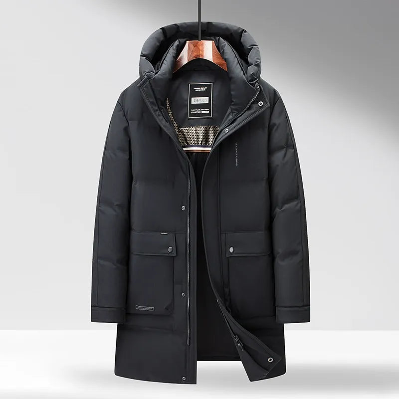 Men’s Down Jacket – Mid-Length – Hooded Windproof – Insulated Structured Fit