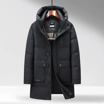 Men’s Down Jacket – Mid-Length – Hooded Windproof – Insulated Structured Fit