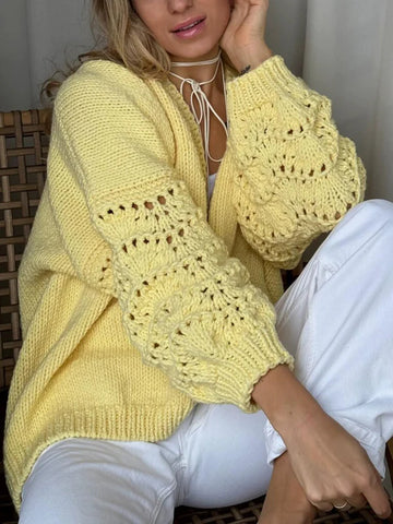 Women’s Cardigan – Wool Knit – Loose Fit – Lantern Sleeve – Openwork V-Neck Design