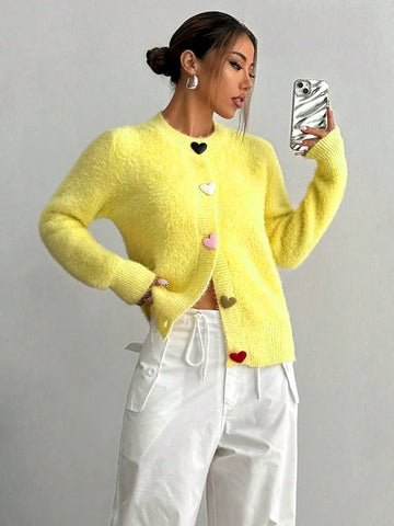 Women’s Cardigan – Fluffy Knit – Relaxed Fit – Heart Buttons – Round Neck Casual Layering