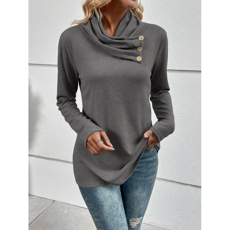 Women’s Long Sleeve Top – Relaxed Fit – Knit – Scarf Collar – Button Detail