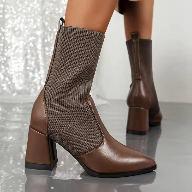 Women’s Ankle Boots – Pointed Toe – Knitted Upper – Block Heel – Sleek Fit