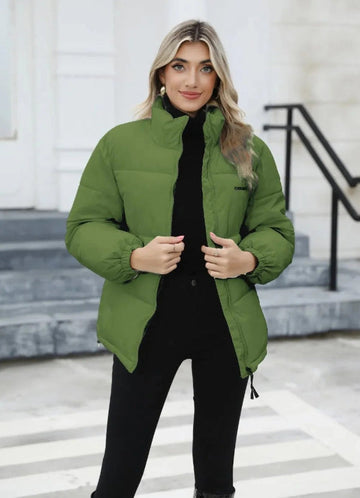 Women’s Quilted Jacket – Relaxed Fit – High Collar – Zipper Front – Hip Length