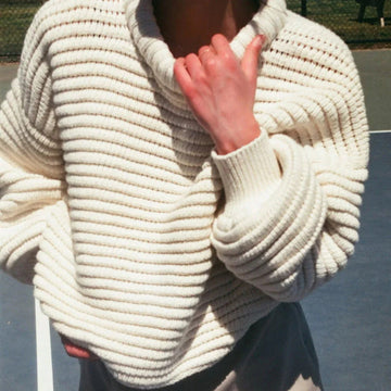 Women’s Knit Sweater – Oversized Fit – High Collar – Ribbed Wool Texture – Casual Style