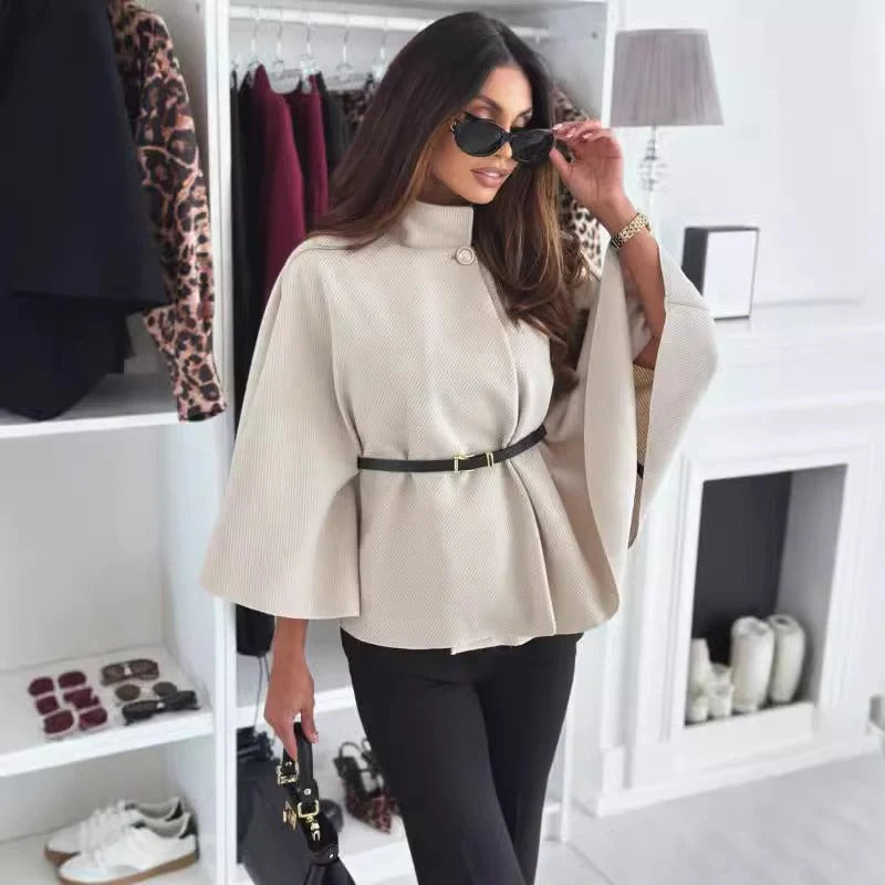 Women’s Blouse – High Neck – Belted Waist – Flowing Fit – Draped Elegant Style
