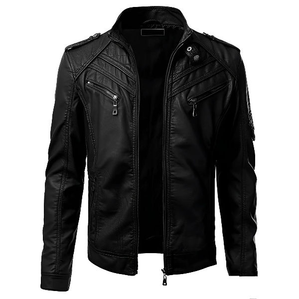 Men’s Leather Jacket – Slim Fit – Stand Collar – Zip Front – Multiple Zip Pockets