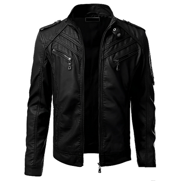 Men’s Leather Jacket – Slim Fit – Stand Collar – Zip Front – Multiple Zip Pockets