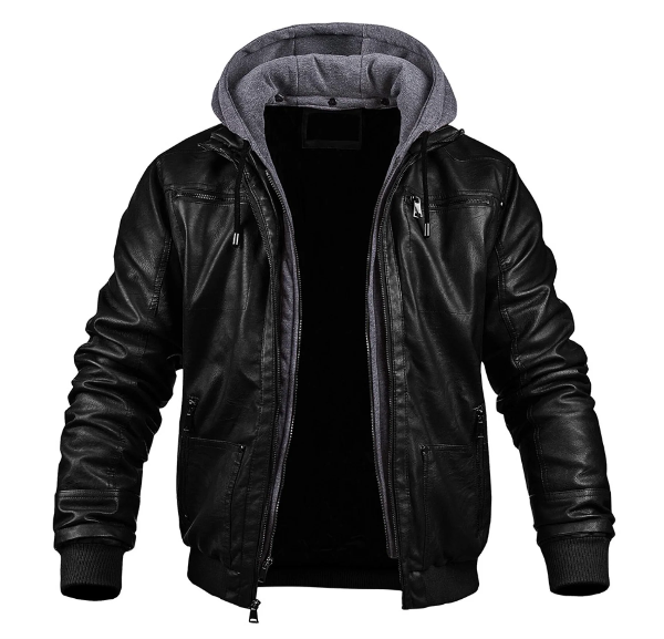 Men’s Hooded Leather Jacket – Slim Fit – Zip Front – Ribbed Cuffs – Street Style