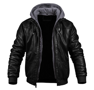 Men’s Hooded Leather Jacket – Slim Fit – Zip Front – Ribbed Cuffs – Street Style