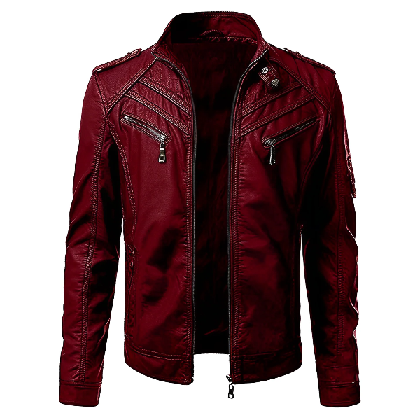 Men’s Leather Jacket – Slim Fit – Stand Collar – Zip Front – Multiple Zip Pockets