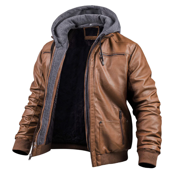 Men’s Hooded Leather Jacket – Slim Fit – Zip Front – Ribbed Cuffs – Street Style