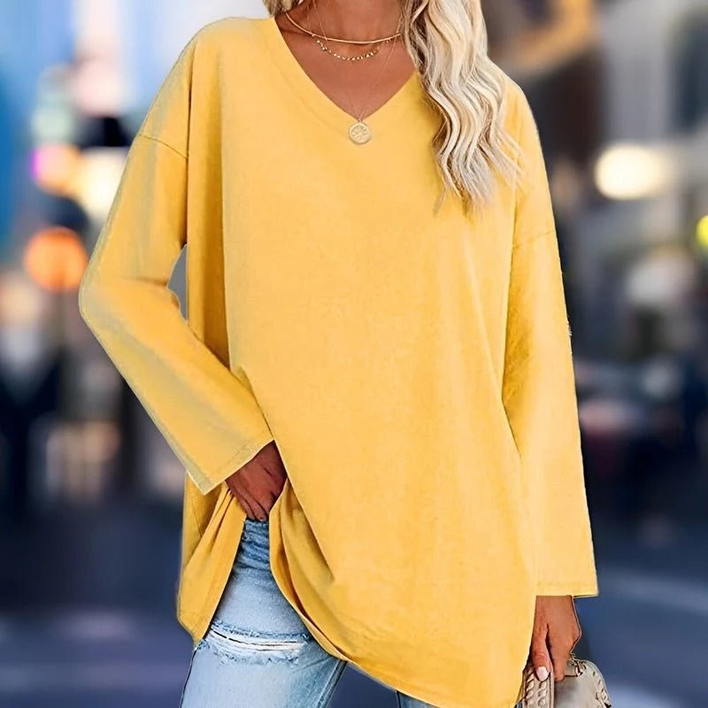 Women’s Long Sleeve Shirt – Cotton Feel – Oversized Fit – V-Neck Casual Style