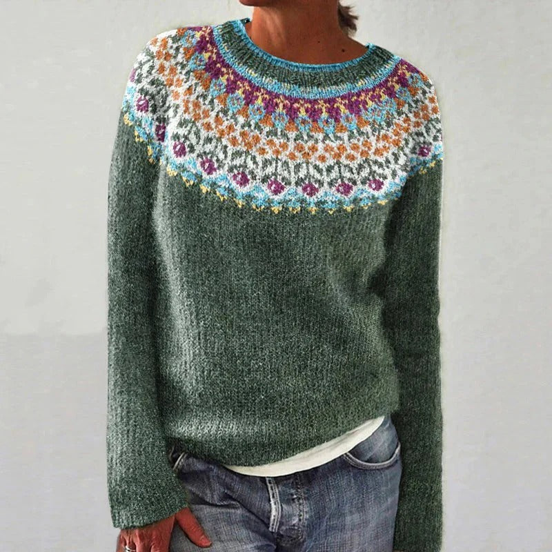Women’s Sweater – Relaxed Fit – Wool Knit – Garden Pattern – Crew Neck – Long Sleeve