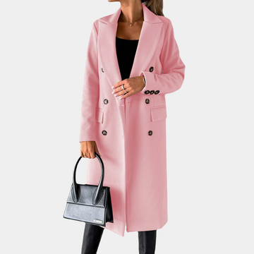 Women’s Long Coat – Tailored Fit – Wool Feel – Double-Breasted – Notched Lapel