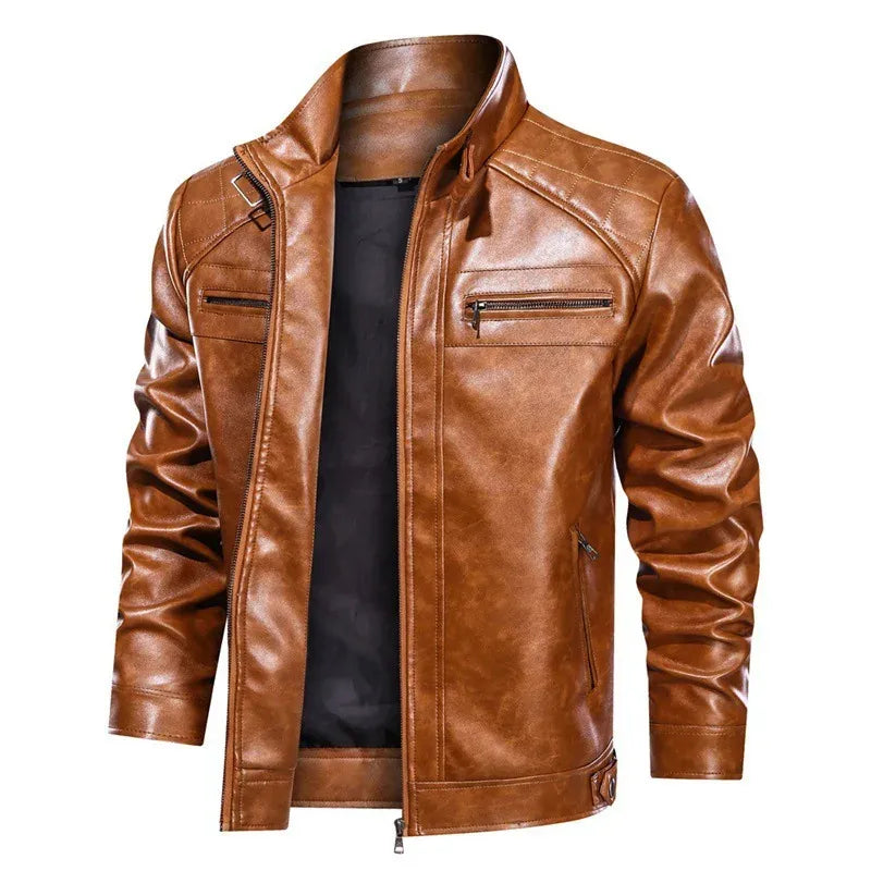 Men’s Biker Jacket – Slim Fit – Leather Look – Quilted Shoulders – Zipper Pockets