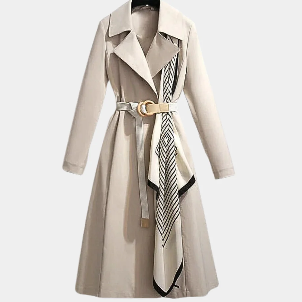 Women’s Trench Coat – Tailored Fit – Belted Waist – Flared Hem – Cotton Blend – Scarf Detail