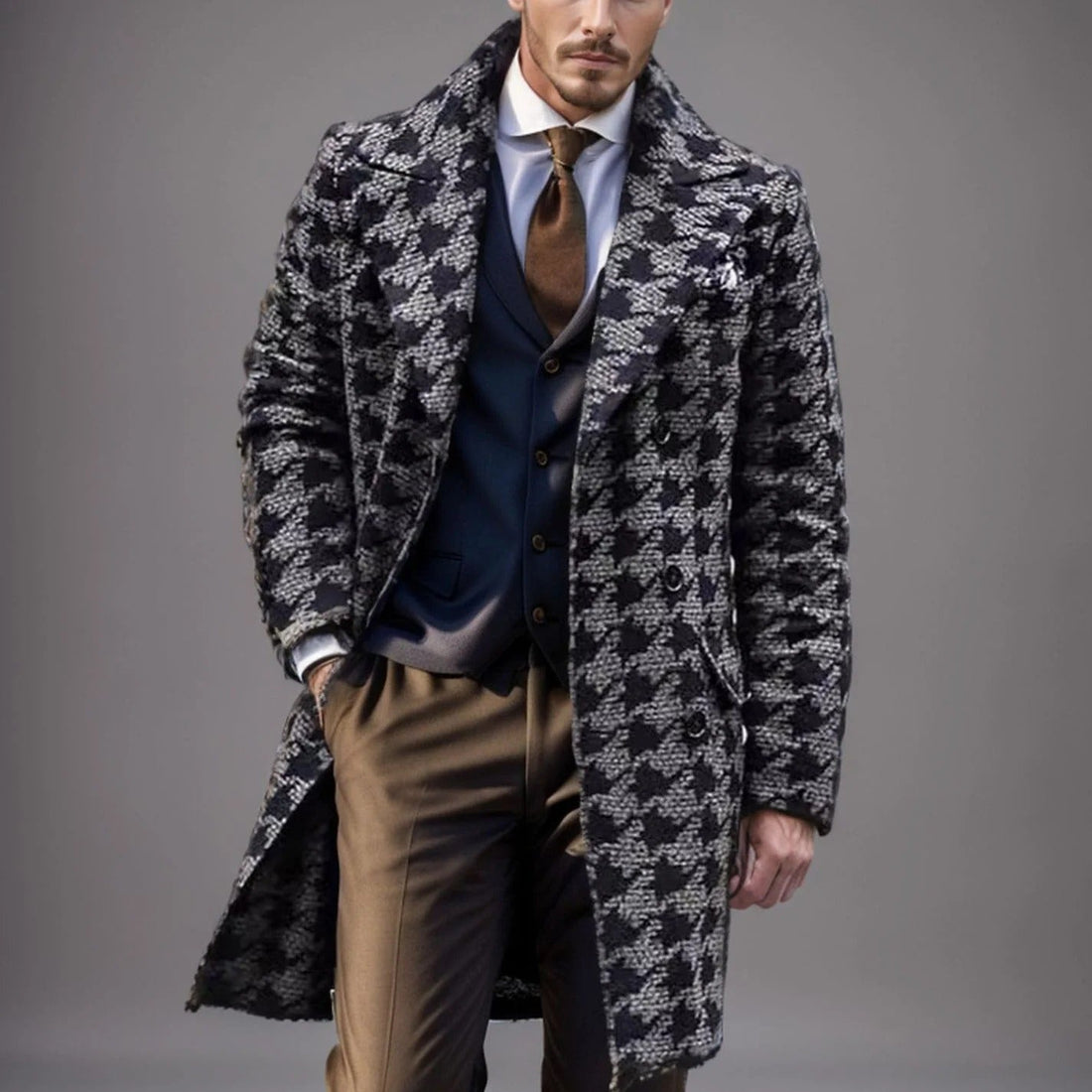 Men's Trench Coat – Tailored Fit – Wool Blend – Notch Lapel – Geometric Pattern