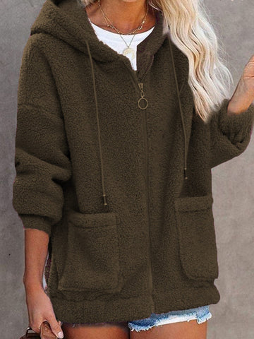 Women’s Hooded Jacket – Sherpa Feel – Oversized Fit – Zip Front – Patch Pockets