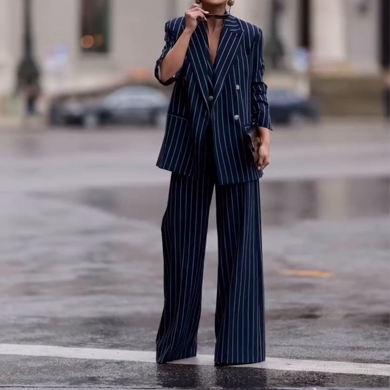 Women’s Two-Piece Suit – Double-Breasted Blazer – High-Waisted Flared Trousers – Wool Blend