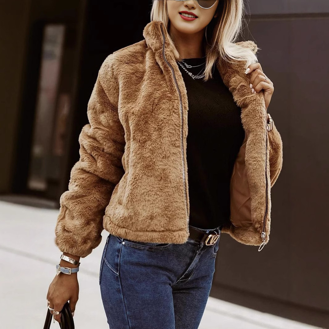 Women’s Cardigan – Faux Leather – Plush Texture – Zipper Front – High Collar – Relaxed Fit