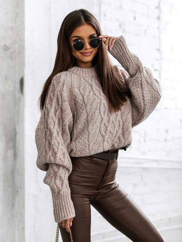 Women’s Pullover Sweater – Wool Blend – Oversized Fit – Cable Knit – Ribbed Trim
