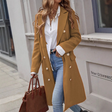 Women's Long Overcoat – Tailored Fit – Wool Feel – Double-Breasted – Wide Lapel Formal Style