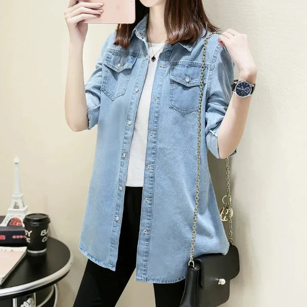 Women’s Denim Shirt – Slim Fit – Long Sleeve – Button Front – Chest Pockets