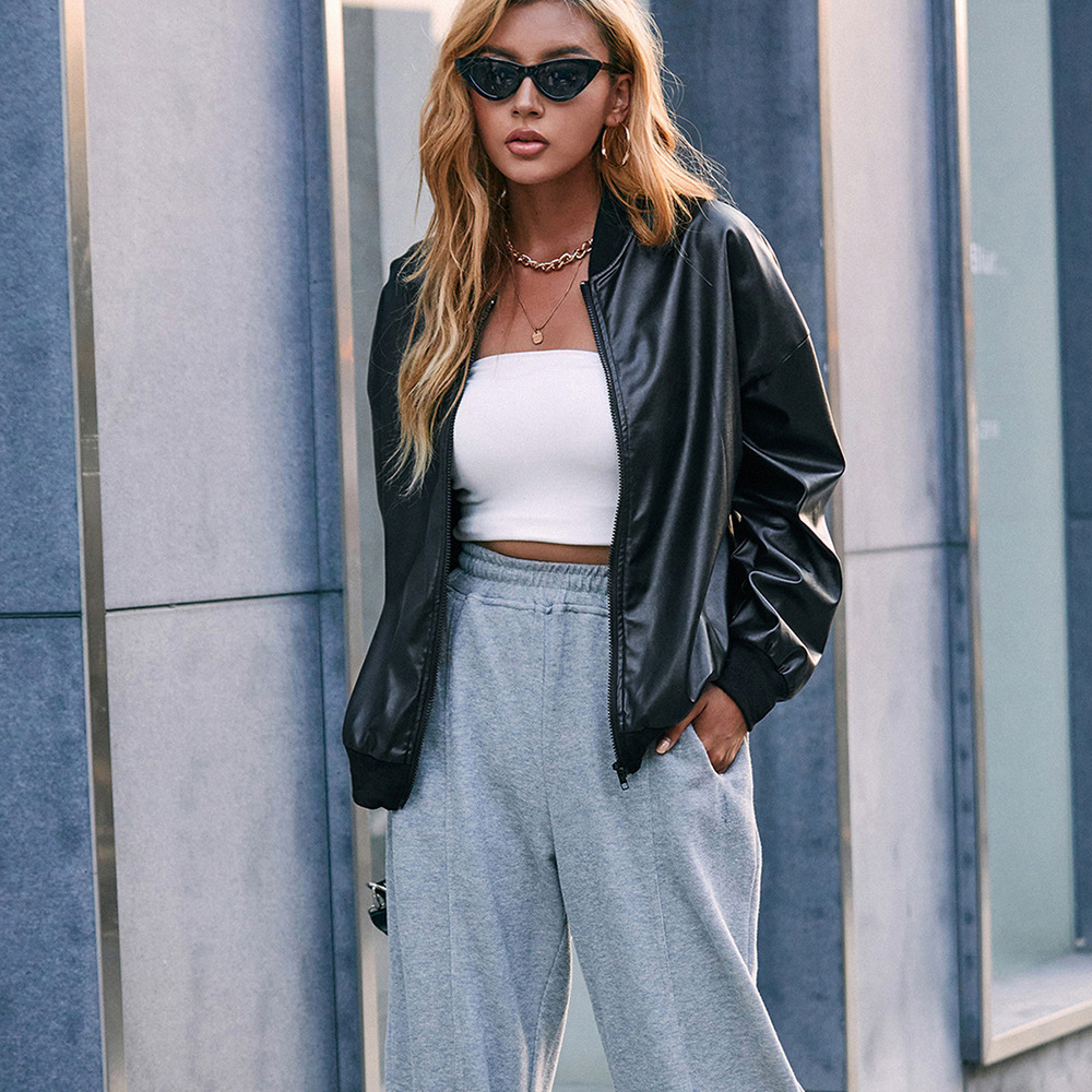 Women’s Baseball Jacket – Slim Fit – Faux Leather – Ribbed Trim – Zipper Front