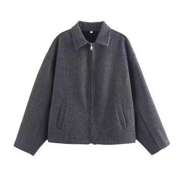 Women’s Jacket – Wool Blend – Loose Fit – Zip Front – Revers Collar – Waist Length