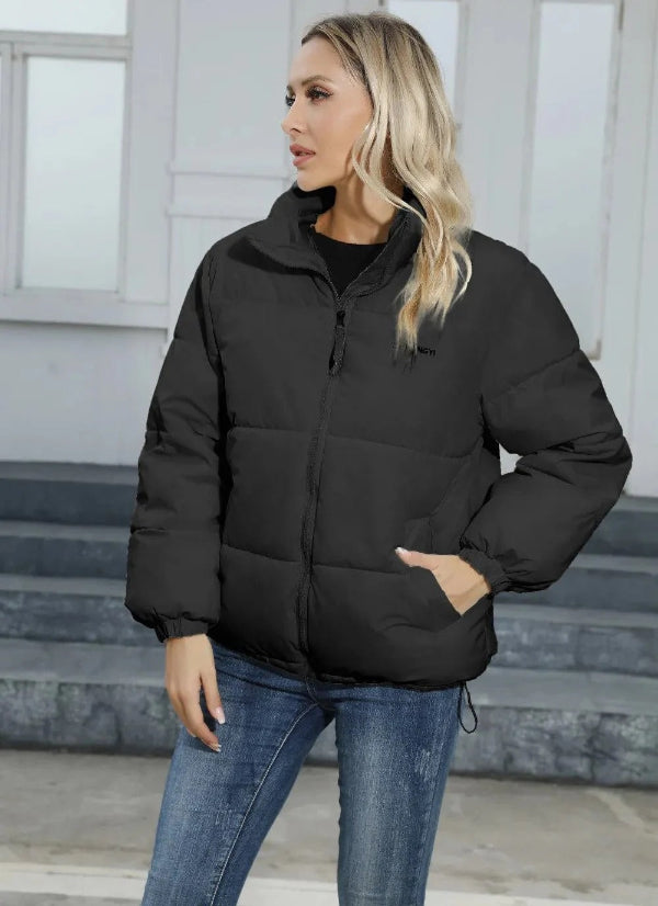 Women’s Quilted Jacket – Relaxed Fit – High Collar – Zipper Front – Hip Length